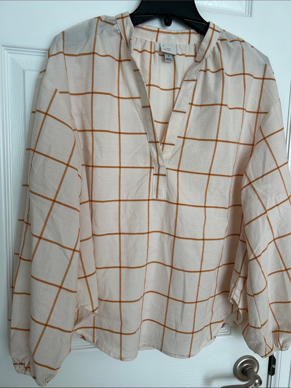 a new day Cream Blouse pullover with Tan Grid Print v- neck long and wide sleeve